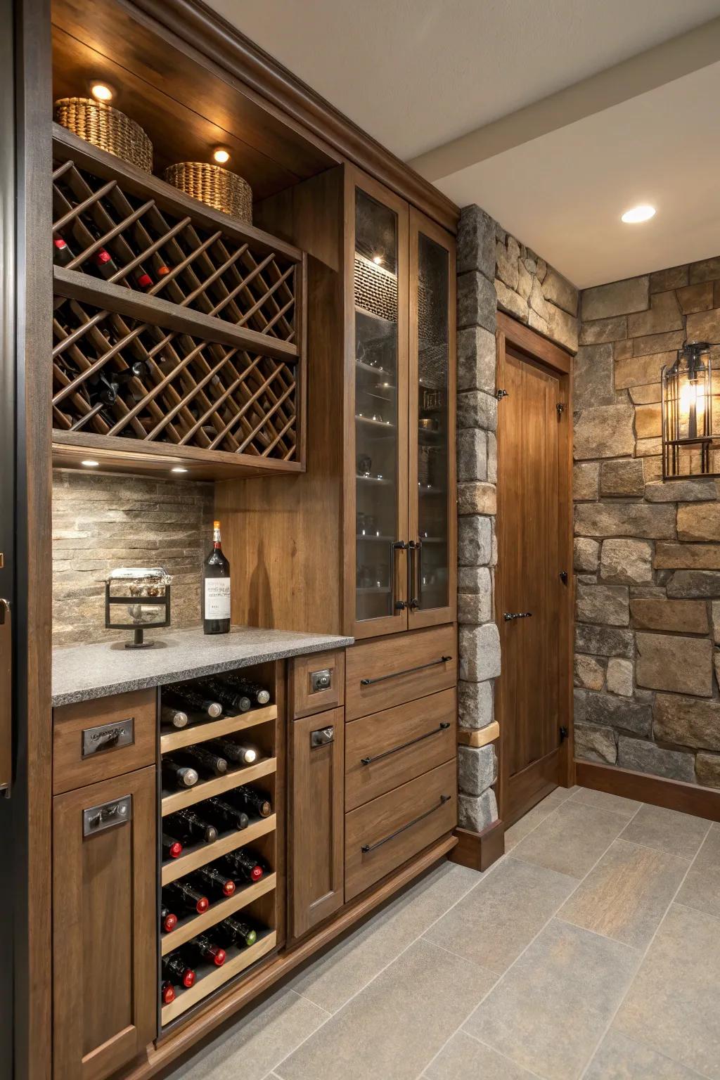 A wine closet showcasing a mix of materials for added texture