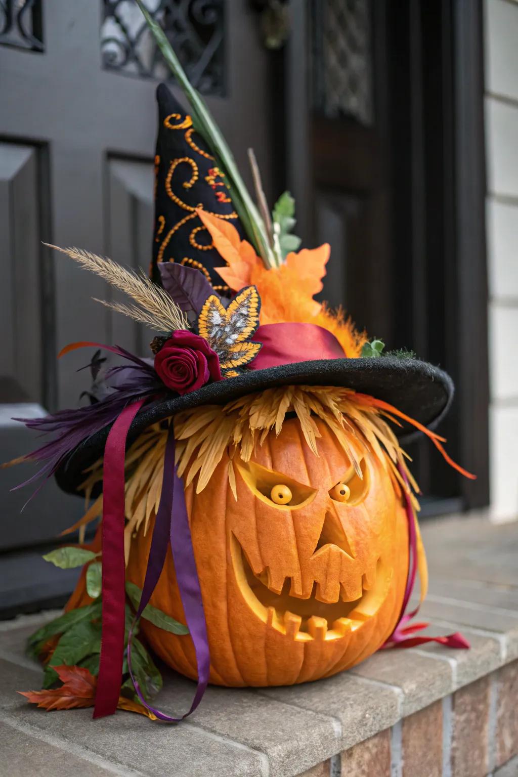 A witch pumpkin with an elaborate, decorative hat.