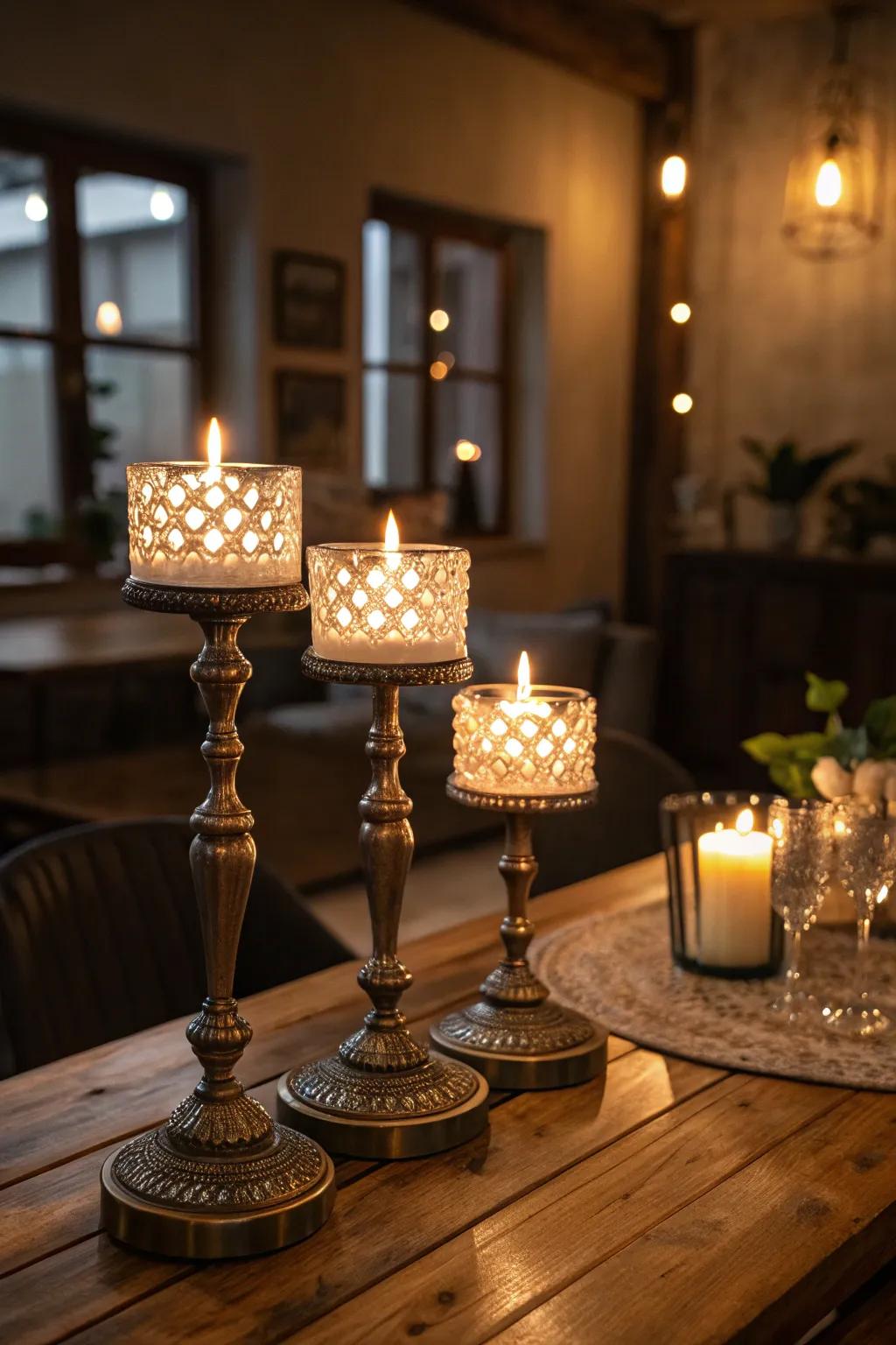 Create ambiance with elegant tea light holders.