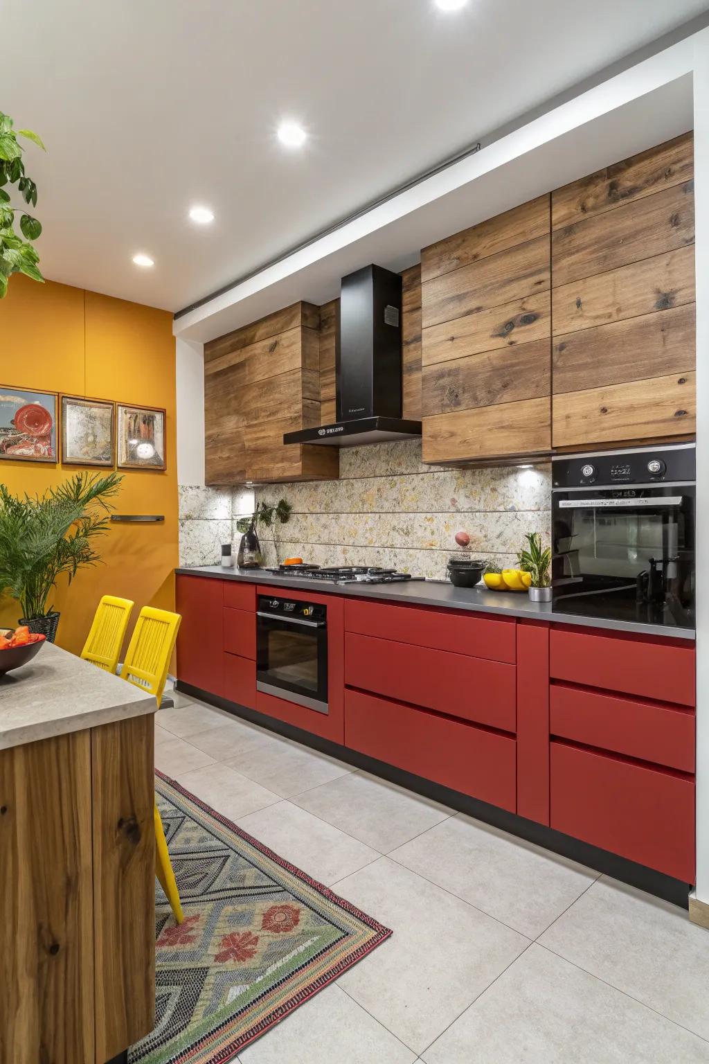 A dynamic kitchen featuring a contrasting wood color backsplash.