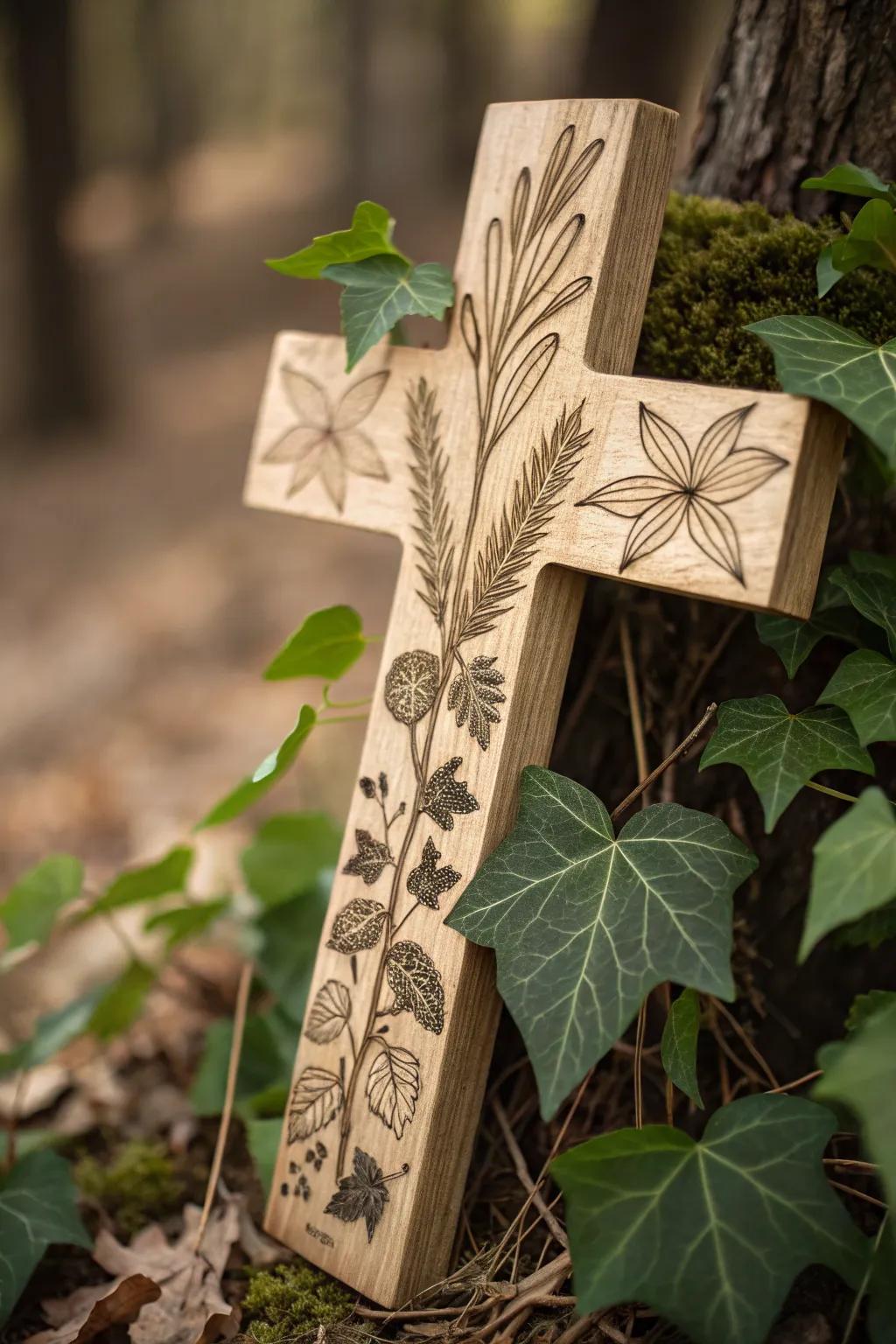 Botanical illustrations bring the beauty of nature to wooden cross designs.