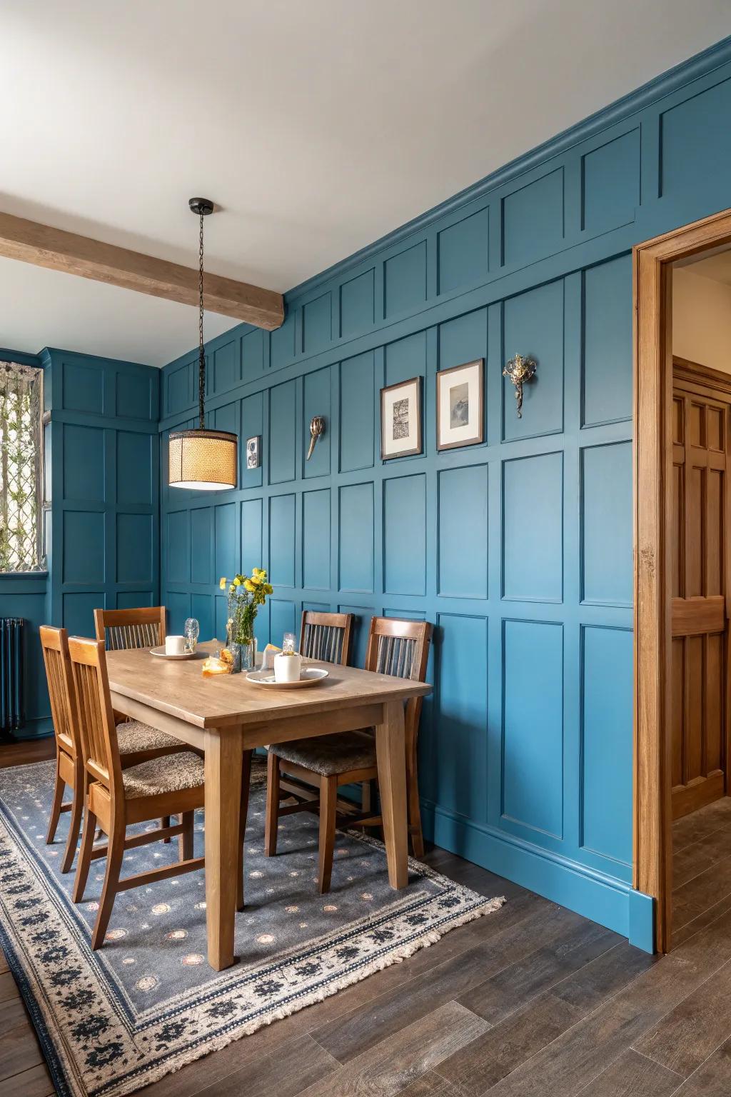 Dining room with bold blue wainscoting wood paneling.