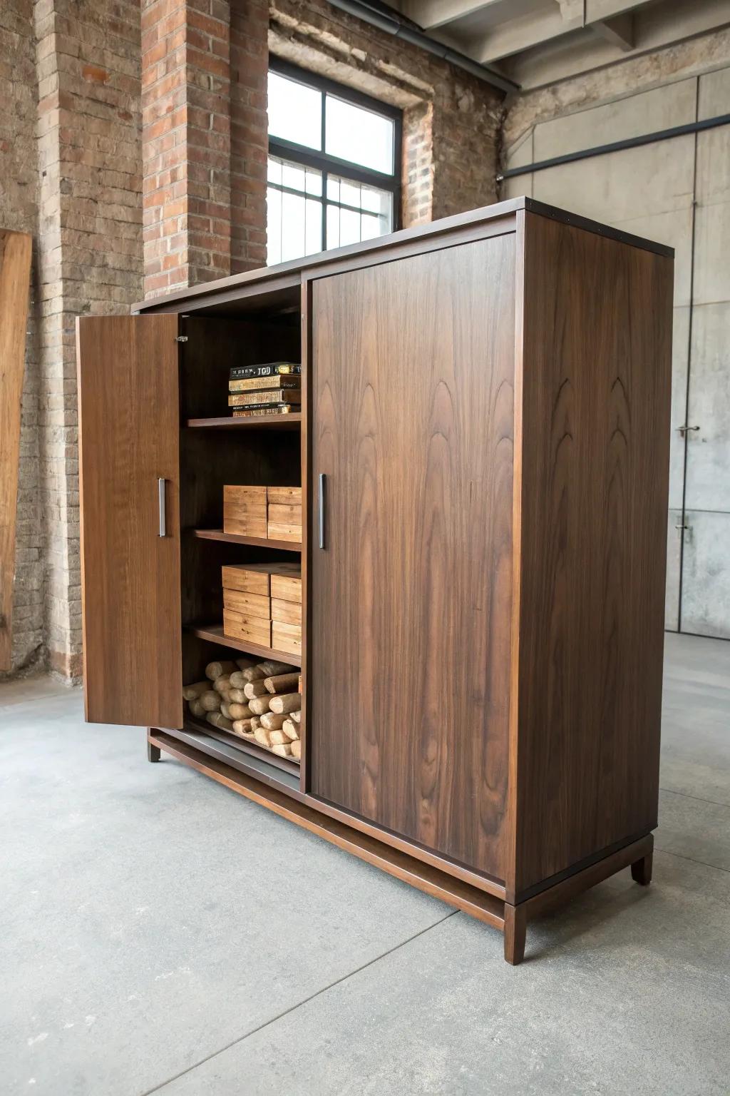 Maximize your space with sleek custom built-in cabinets for organized wood storage.