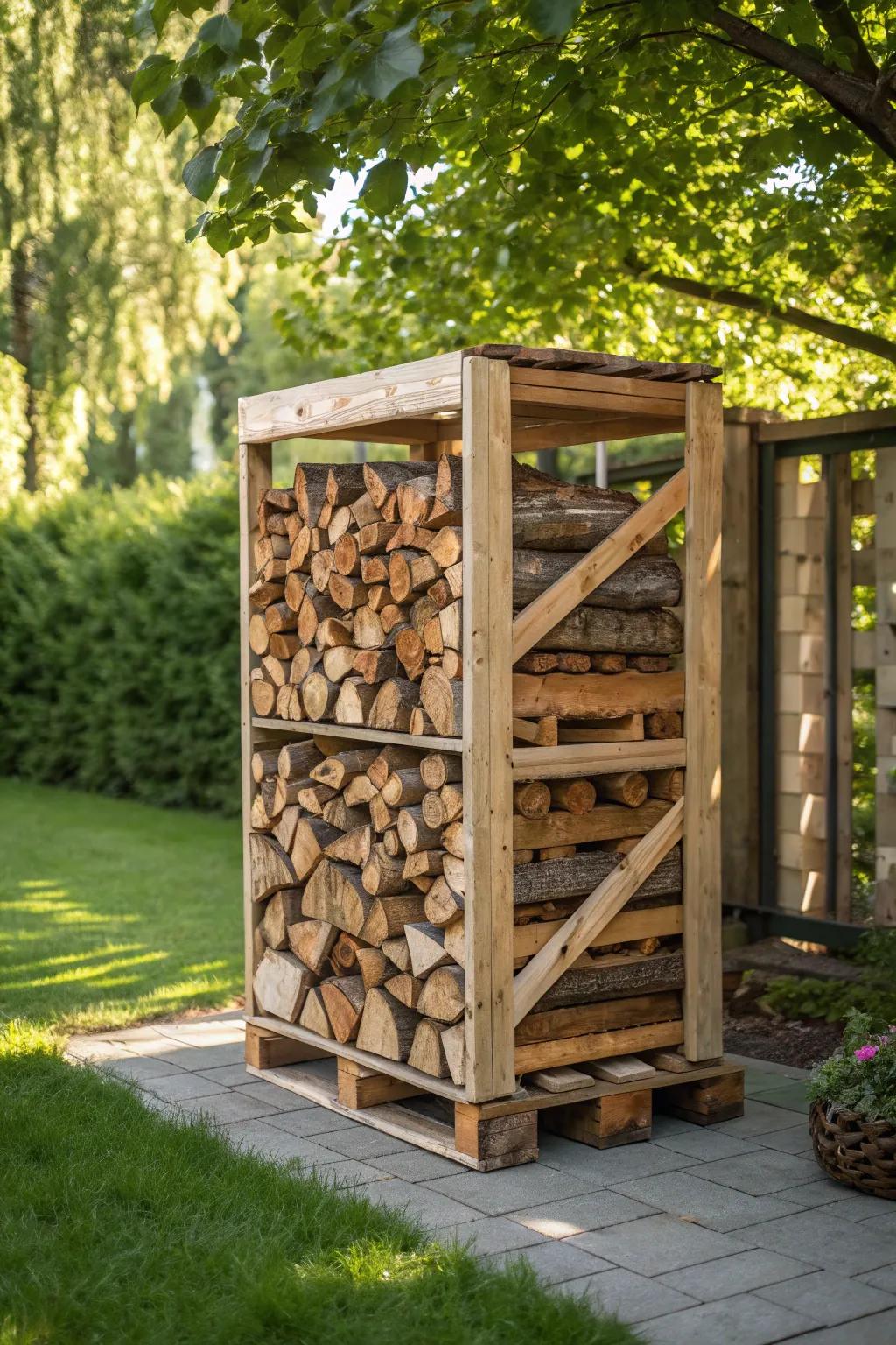 Elevate your backyard with a rustic wooden pallet firewood rack—where practicality meets style.