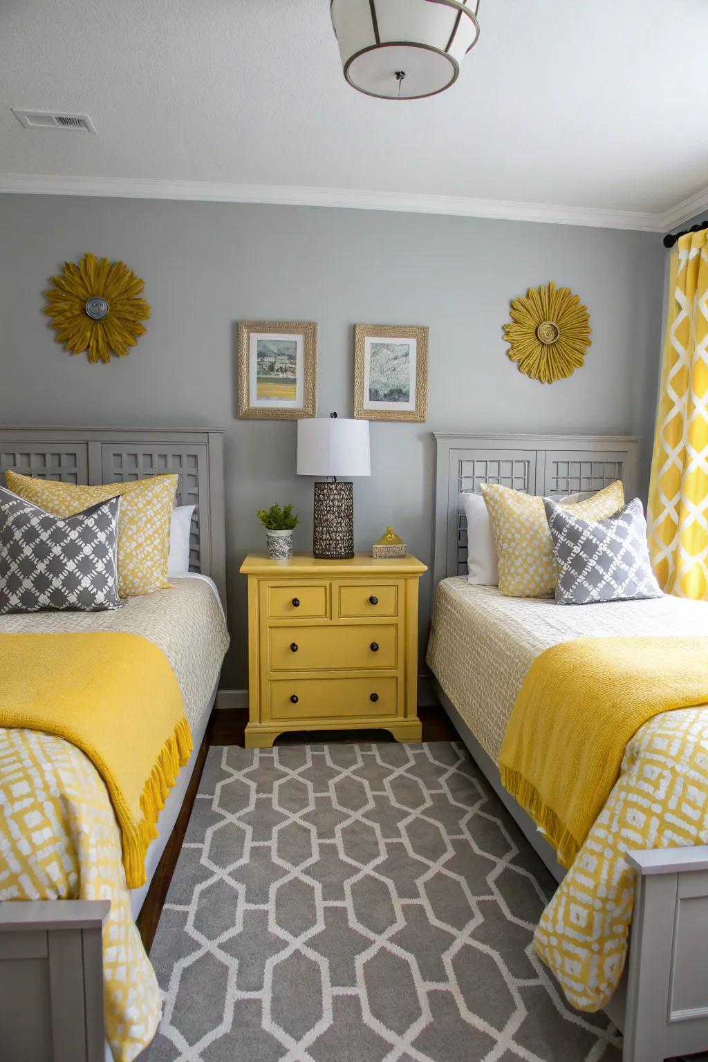 Symmetrical design in yellow and grey brings harmony and balance to the room.