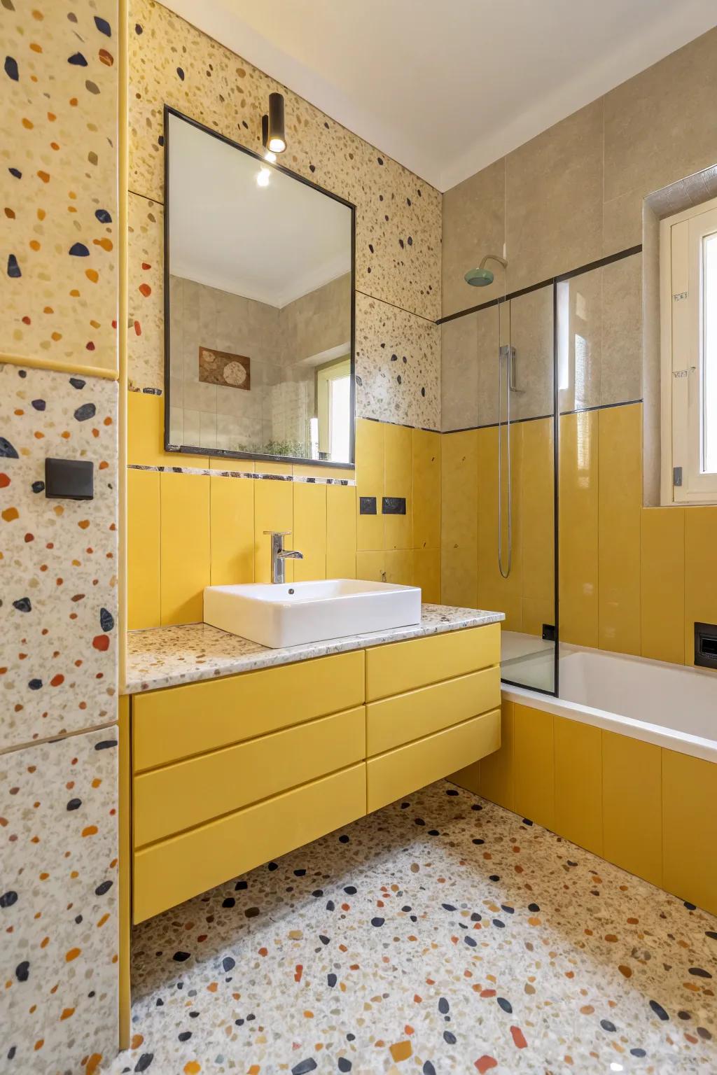 A bathroom with yellow Terrazzo tiles for a playful yet sophisticated look.