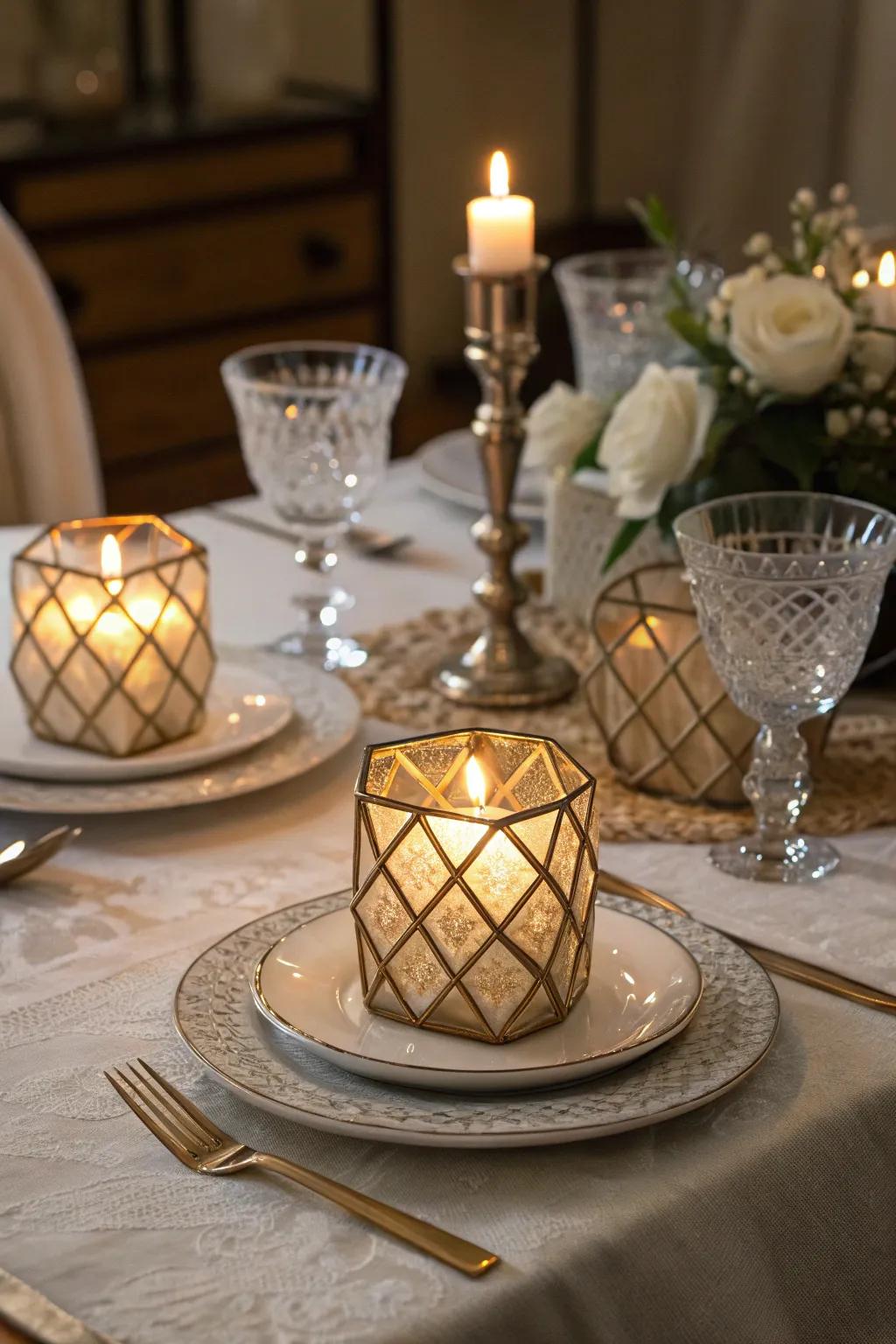 Diamond-shaped candle holders bring elegance and warmth.