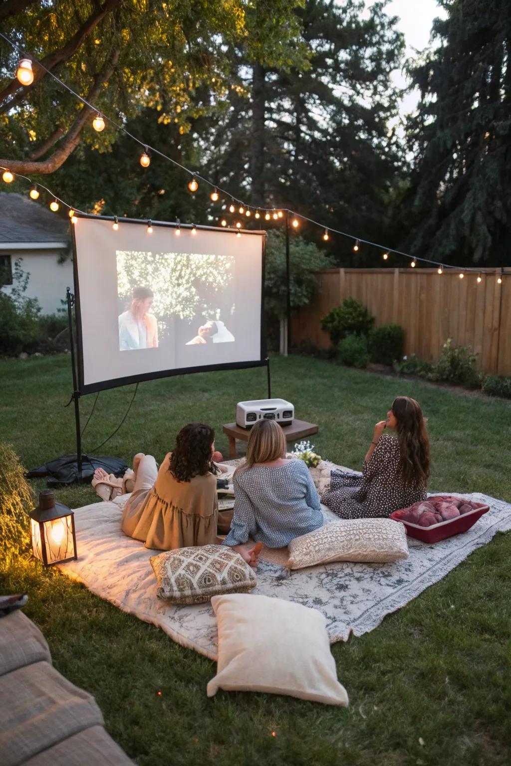 An outdoor movie night creates a cozy and magical atmosphere for a birthday celebration.