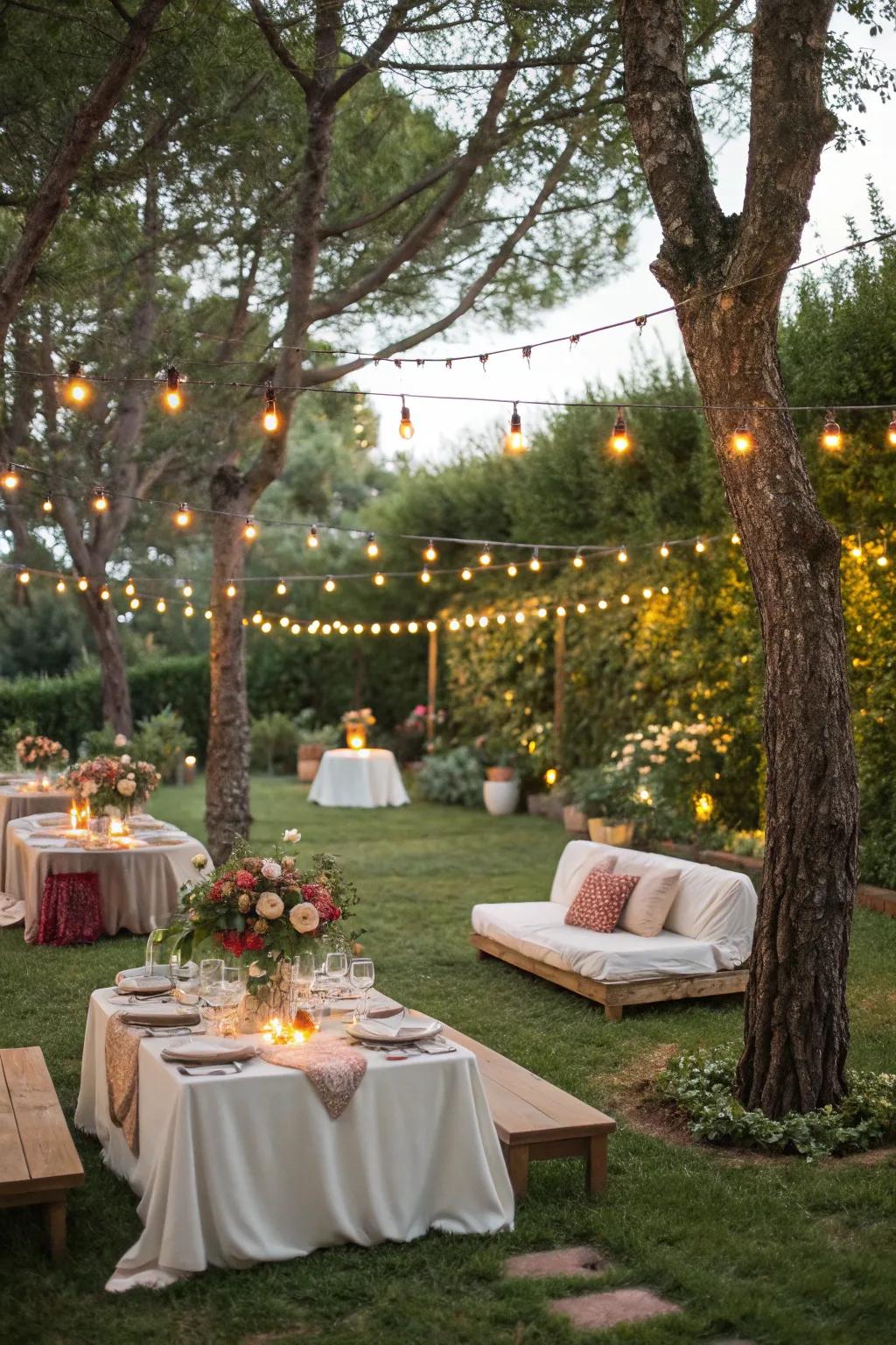 A garden party to remember under twinkling lights.