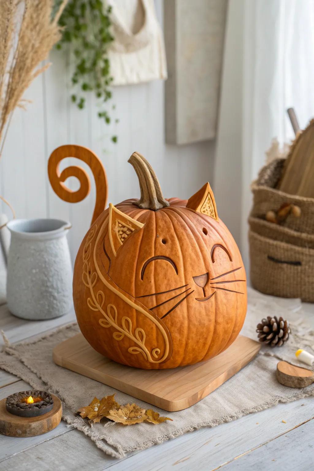 Embrace the magic of autumn with a charming 3D pumpkin cat, where craftsmanship meets whimsy.