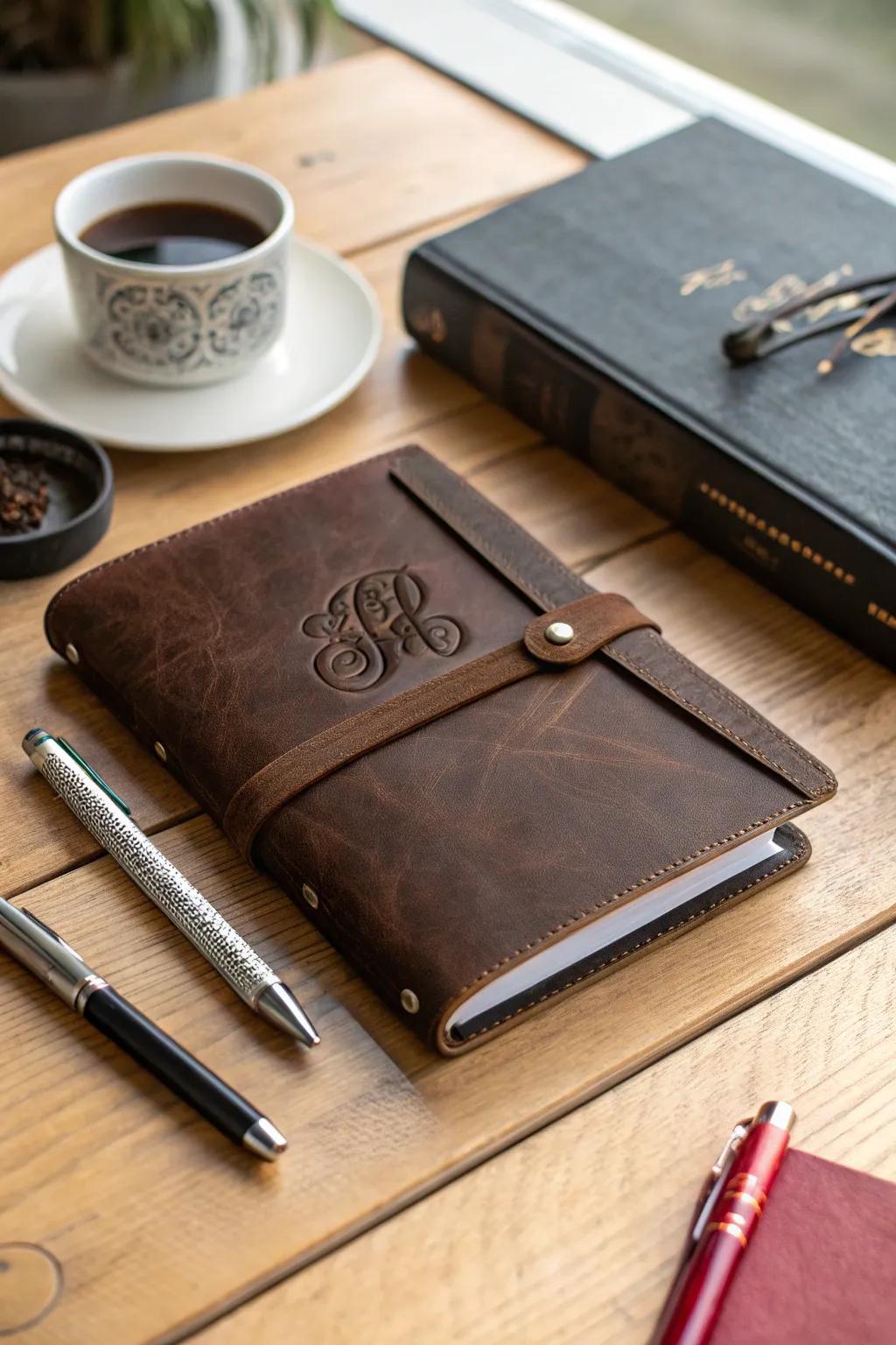 A personalized leather journal invites creativity and reflection.