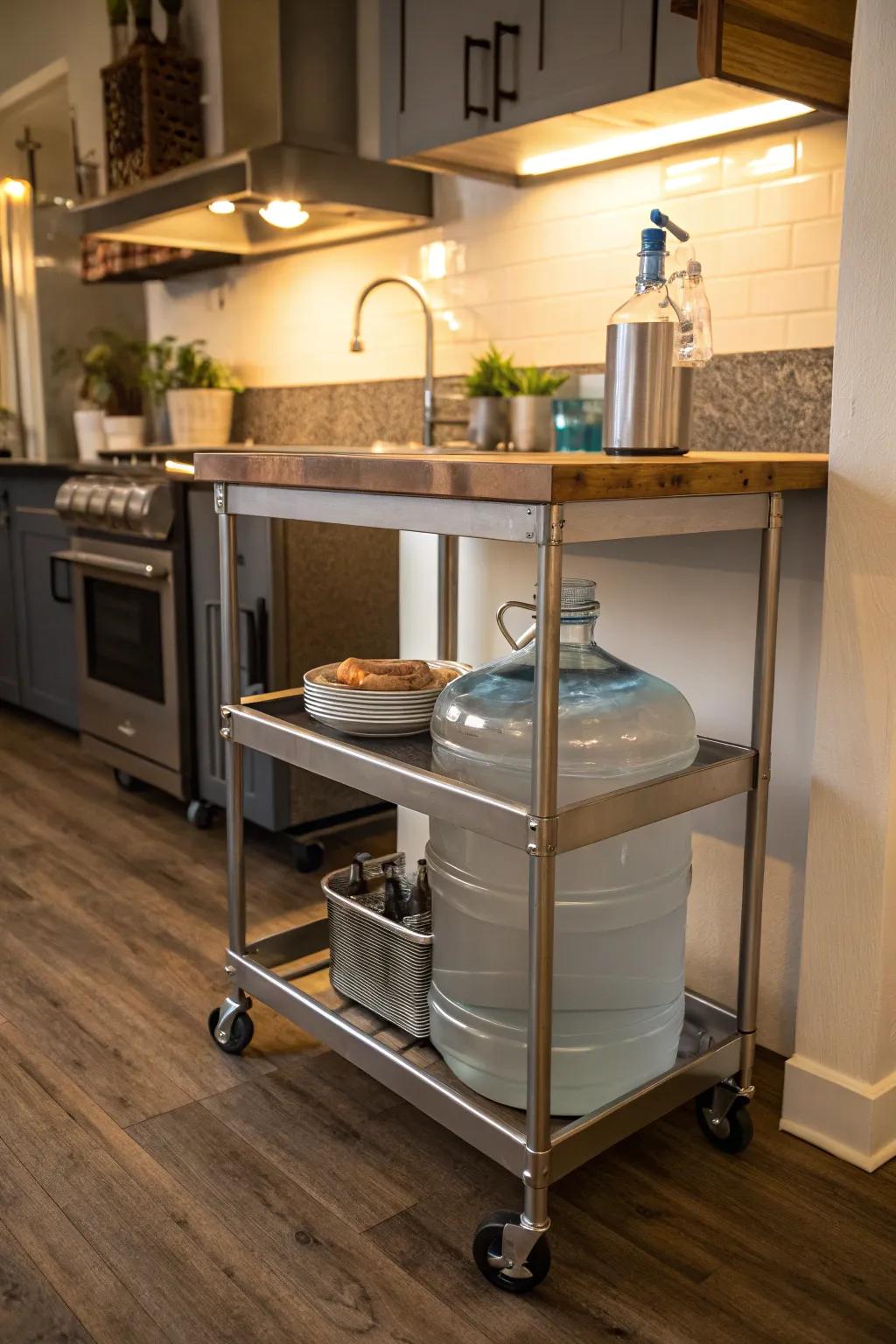 Stylish and mobile: a rolling cart for water jug storage.