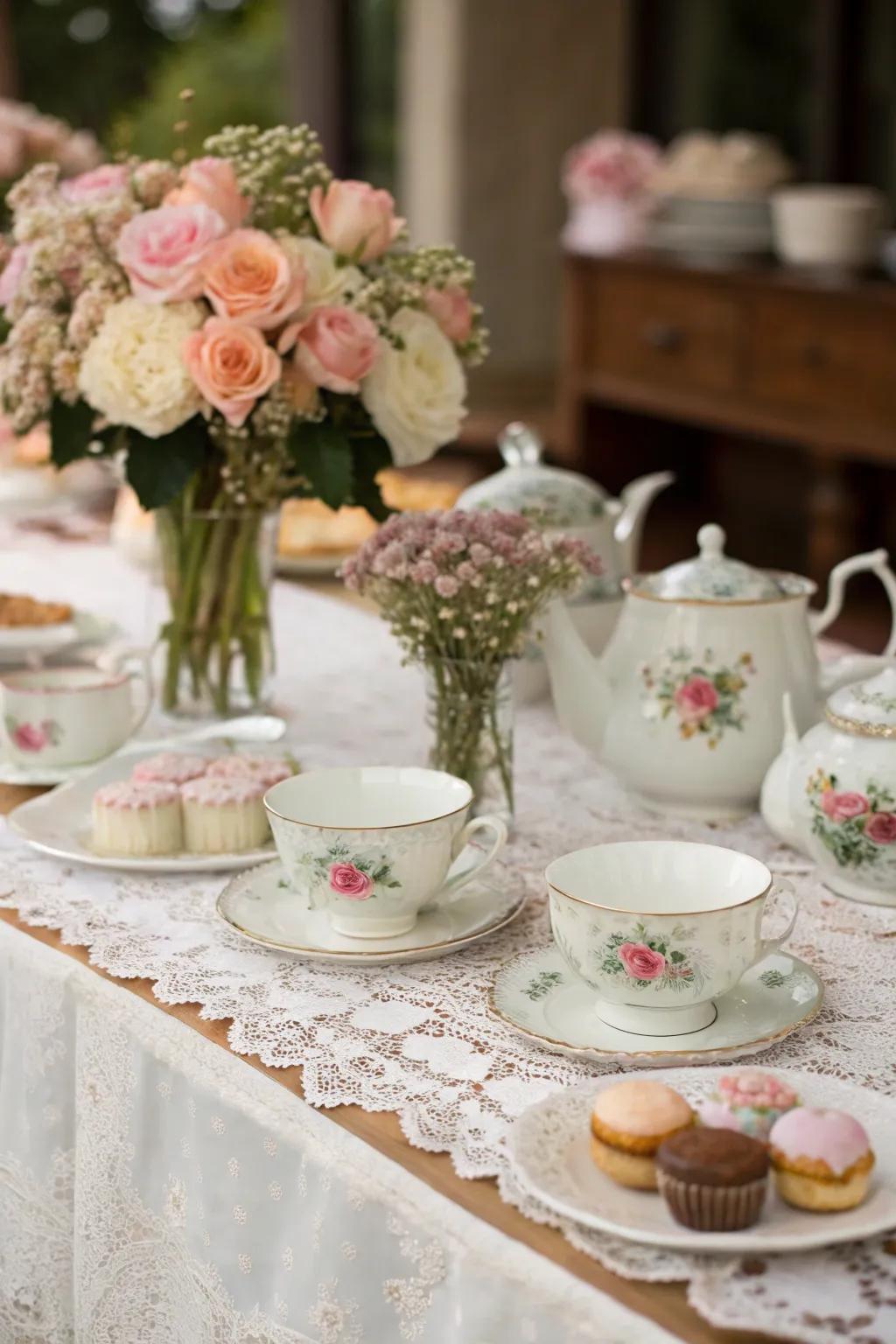 A vintage tea party setup with elegant decor and china.