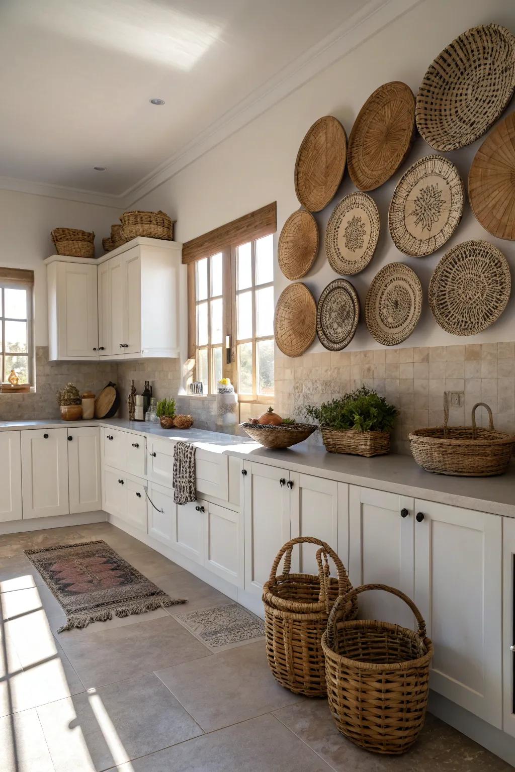 Round baskets above cabinets create a coastal atmosphere.