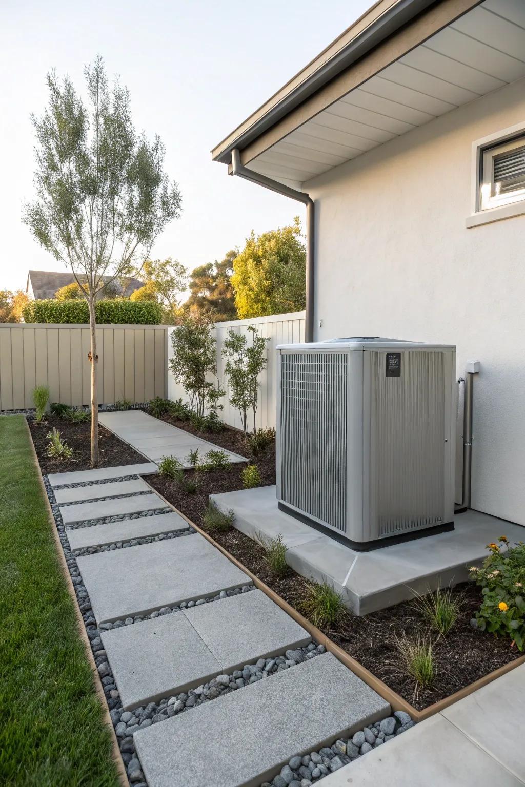 Metal panels offer a sleek solution for hiding AC units.