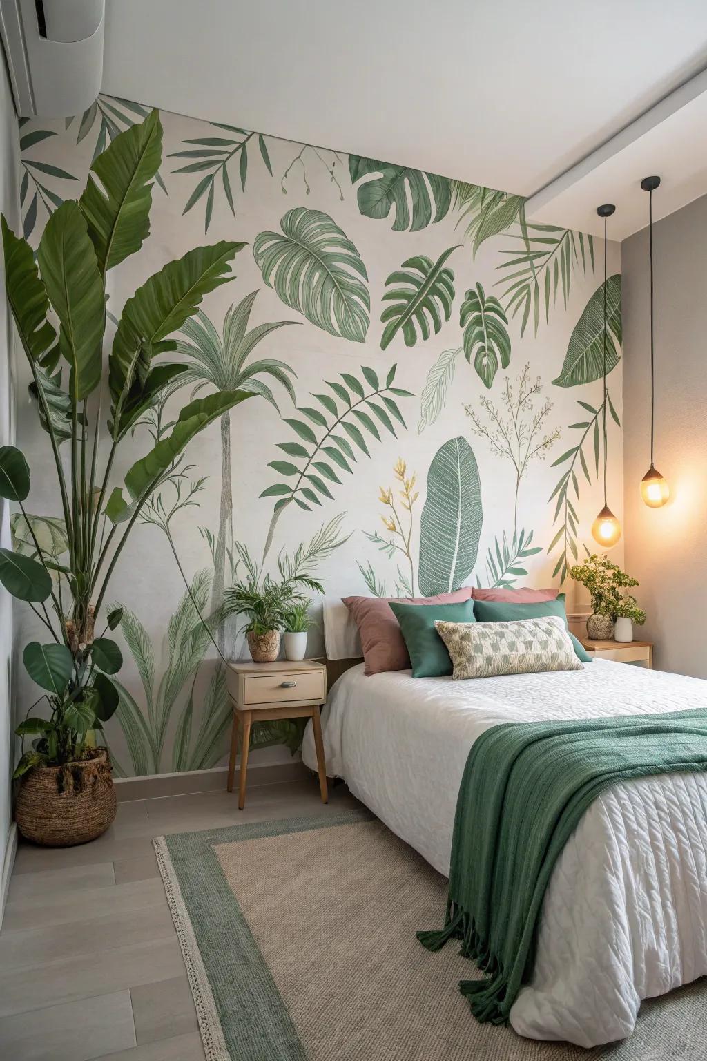 A botanical accent wall brings a fresh, natural vibe to your bedroom.