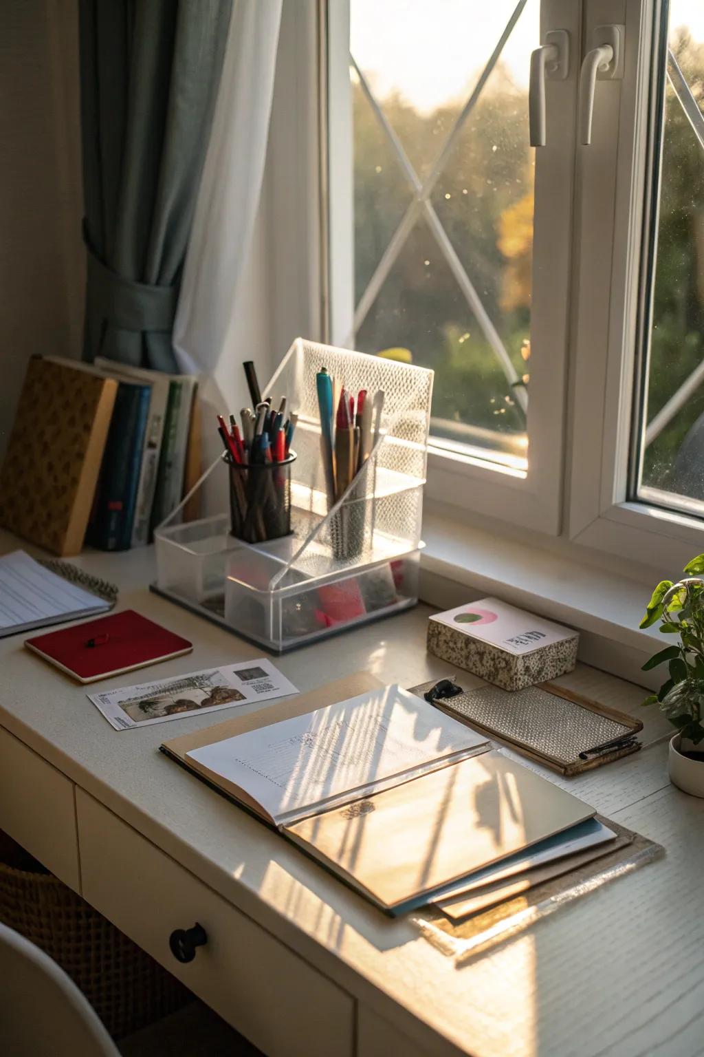 Acrylic desk organizer keeps your workspace stylish and tidy.