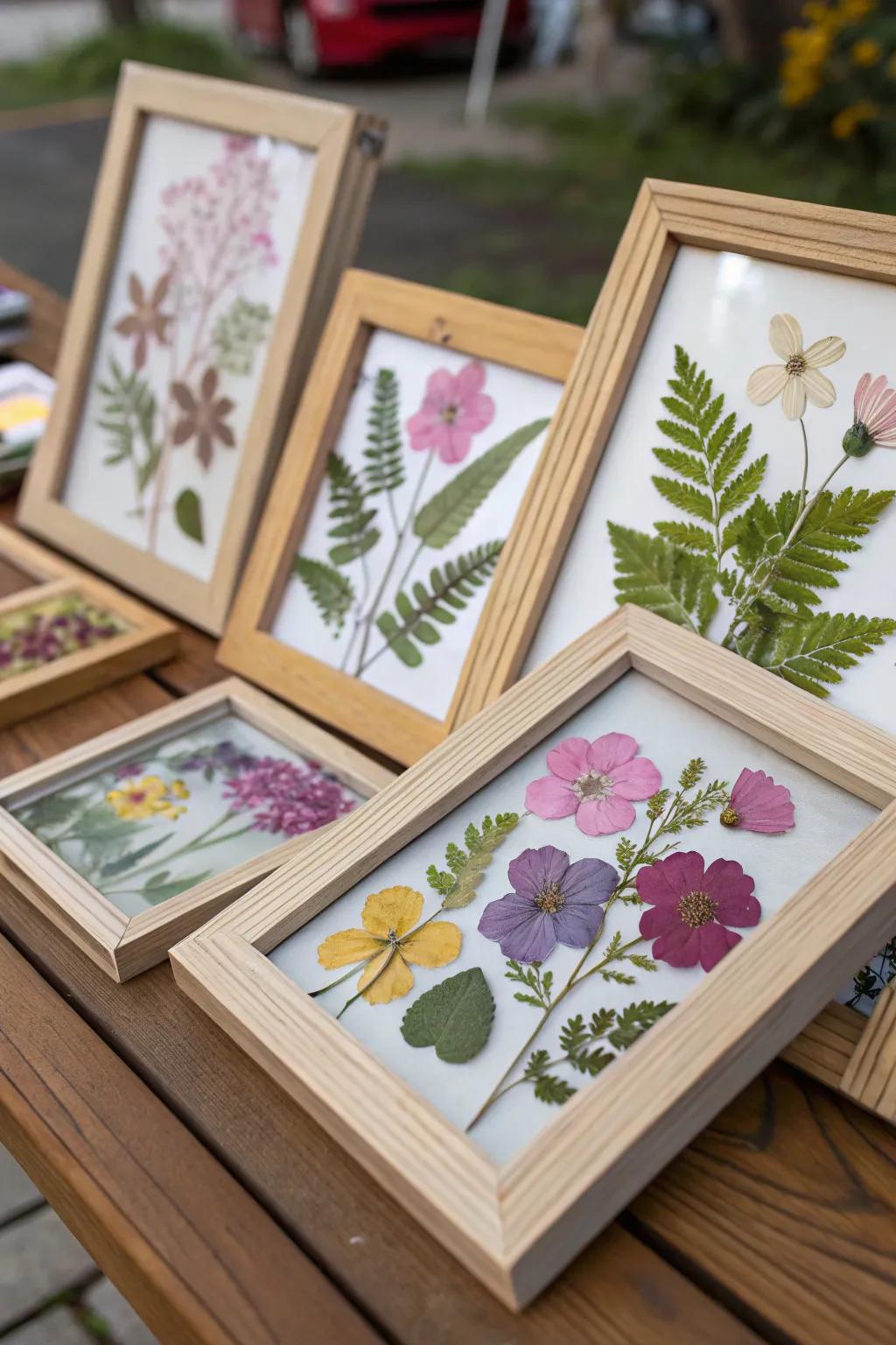 A botanical collage with pressed flowers and leaves in frames.