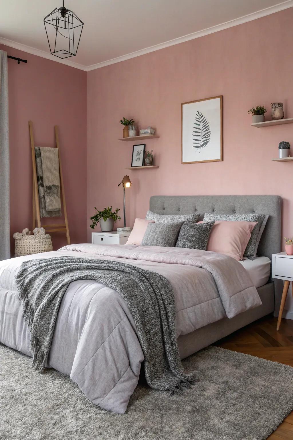 A soft pink accent wall adds warmth to a grey-themed bedroom.