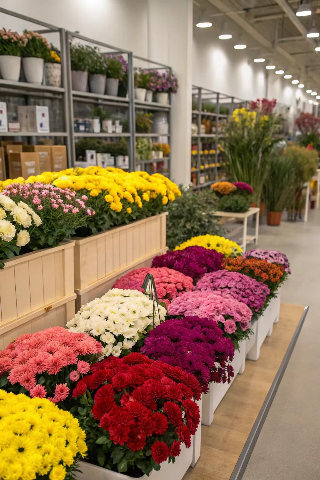 Color-themed floral arrangements in a flower shop