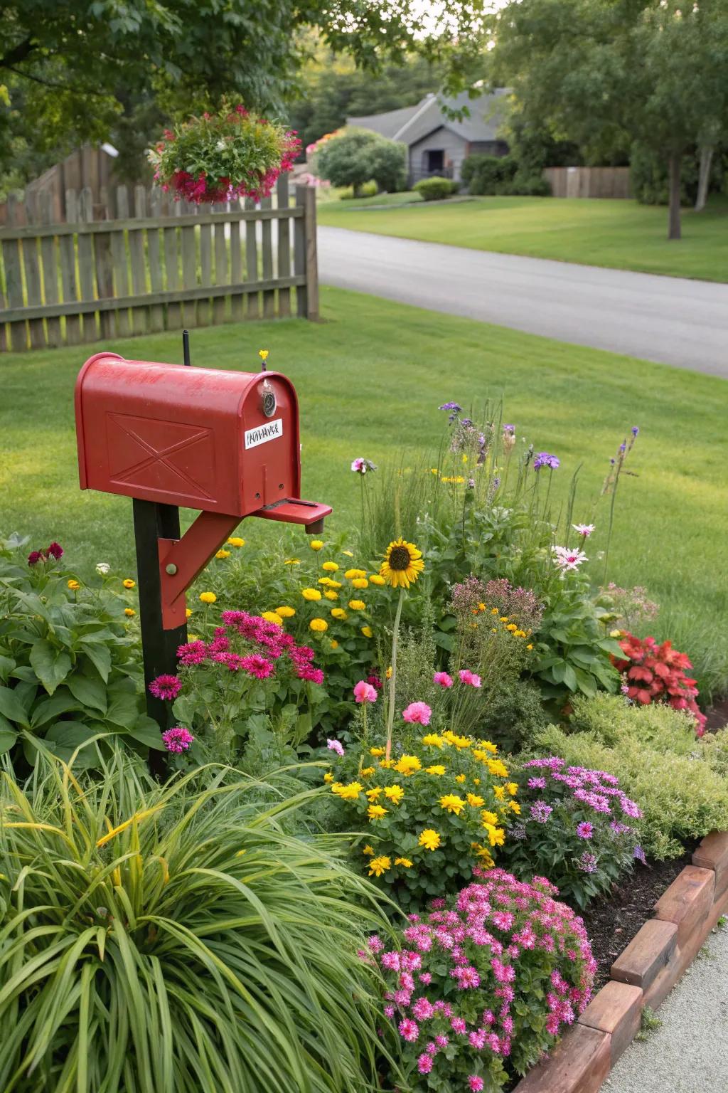 A mailbox nestled in a garden of blooming flowers and greenery.