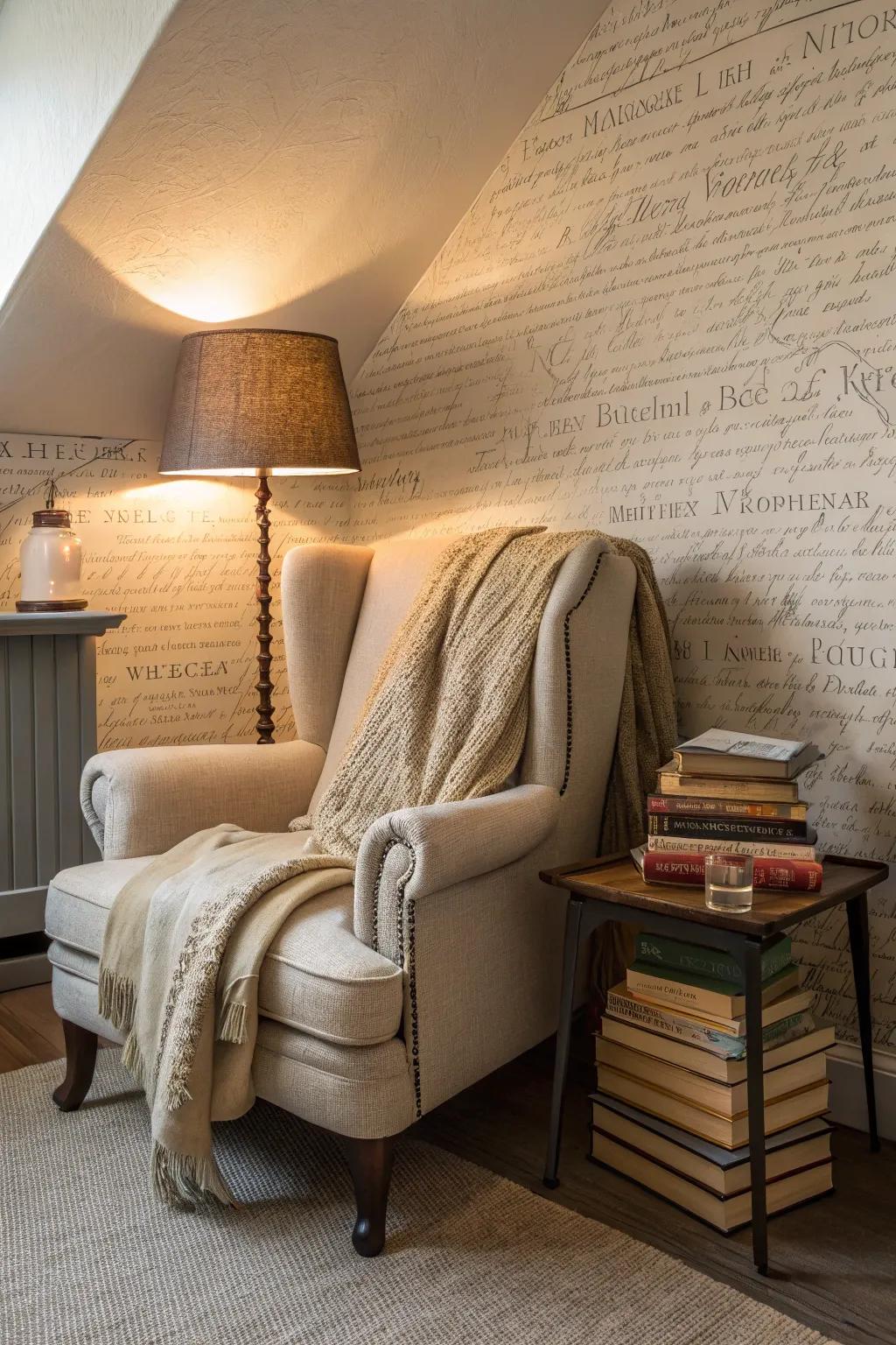 A reading nook with textured wallpaper providing depth and warmth.