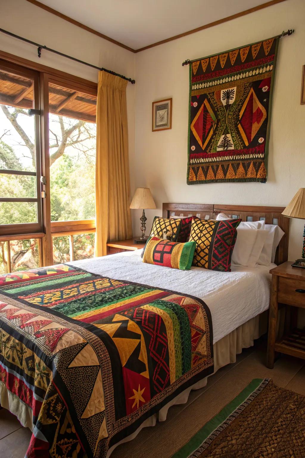 An inviting bedroom showcasing vibrant African textiles on the bed and pillows.