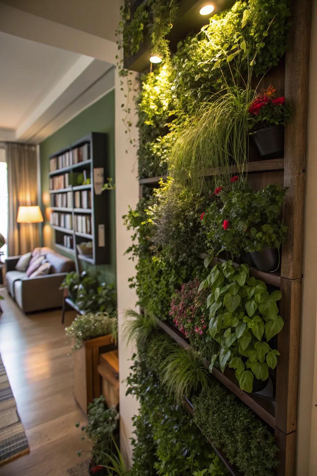 A vibrant vertical garden wall enhances apartment living.