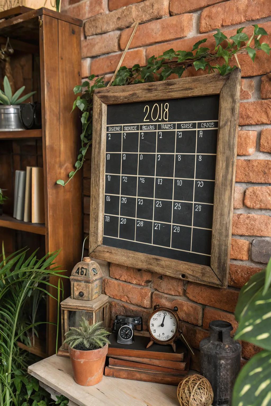 A rustic chalkboard calendar that adds warmth to any room.