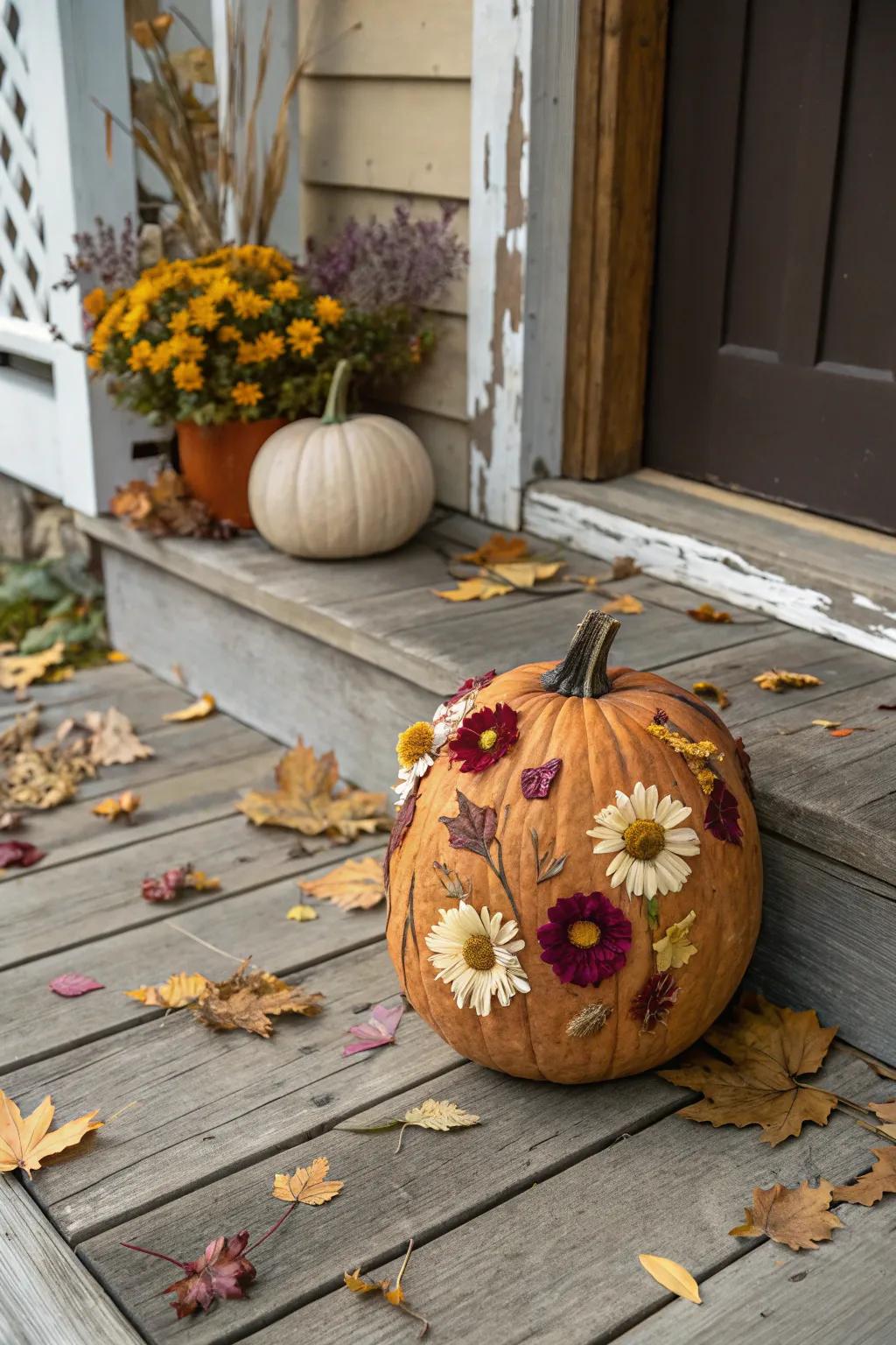 A pumpkin adorned with dried flowers, bringing a touch of spring to autumn décor.