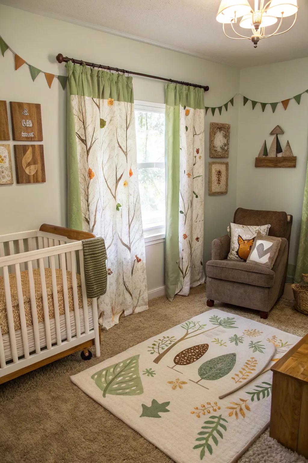 A cozy woodland-themed nursery with earthy tones and animal prints.