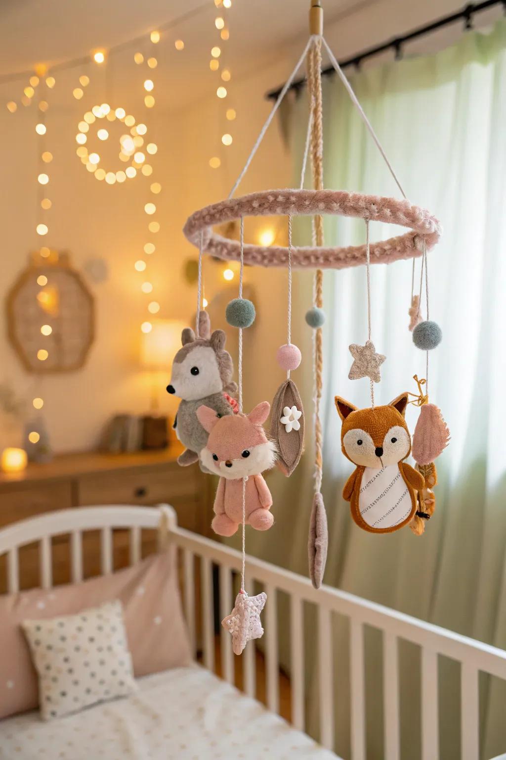 Musical mobiles offer both visual delight and soothing sounds for a peaceful nursery.