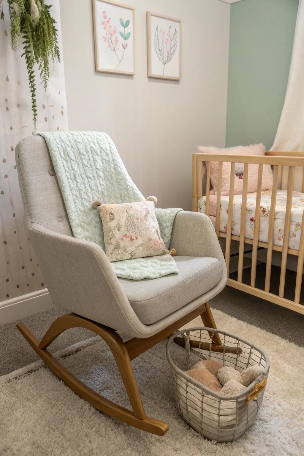 A slim rocking chair fits perfectly in a small nursery corner, offering comfort without taking up space.