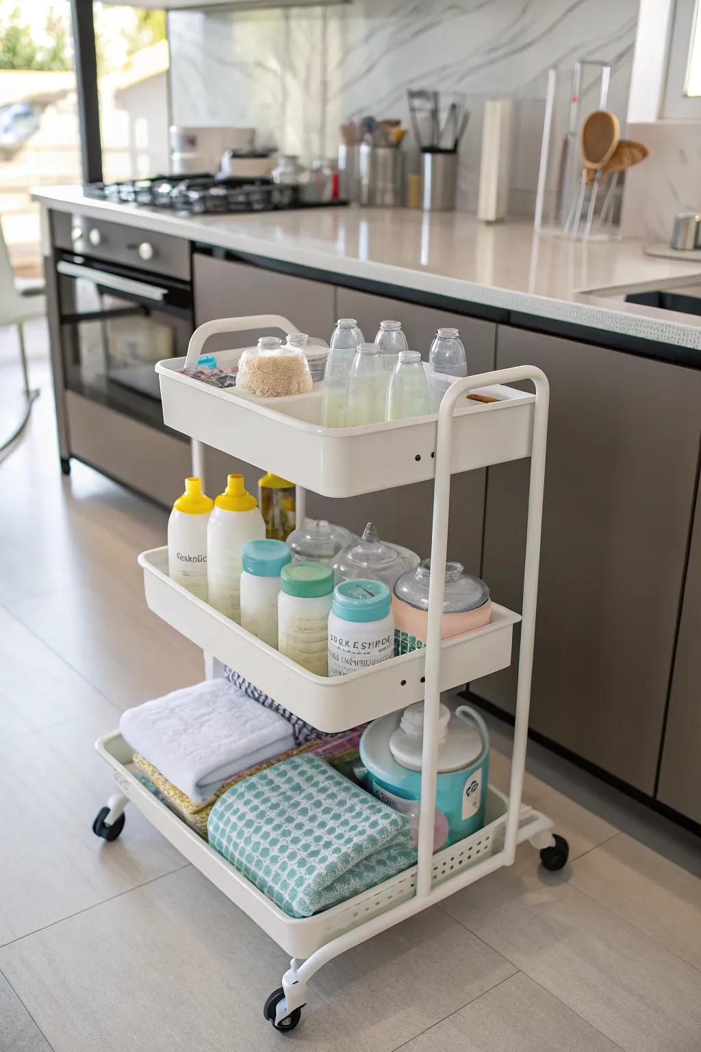 Bottle storage made easy with a dedicated organizer cart.