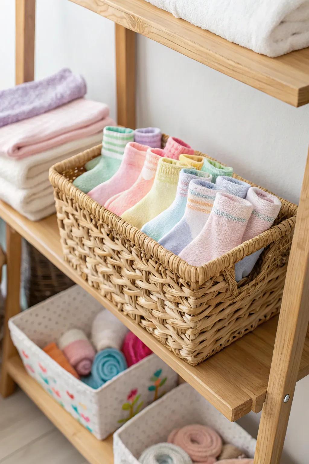 A rainbow assortment of tiny baby socks, ready for little feet.