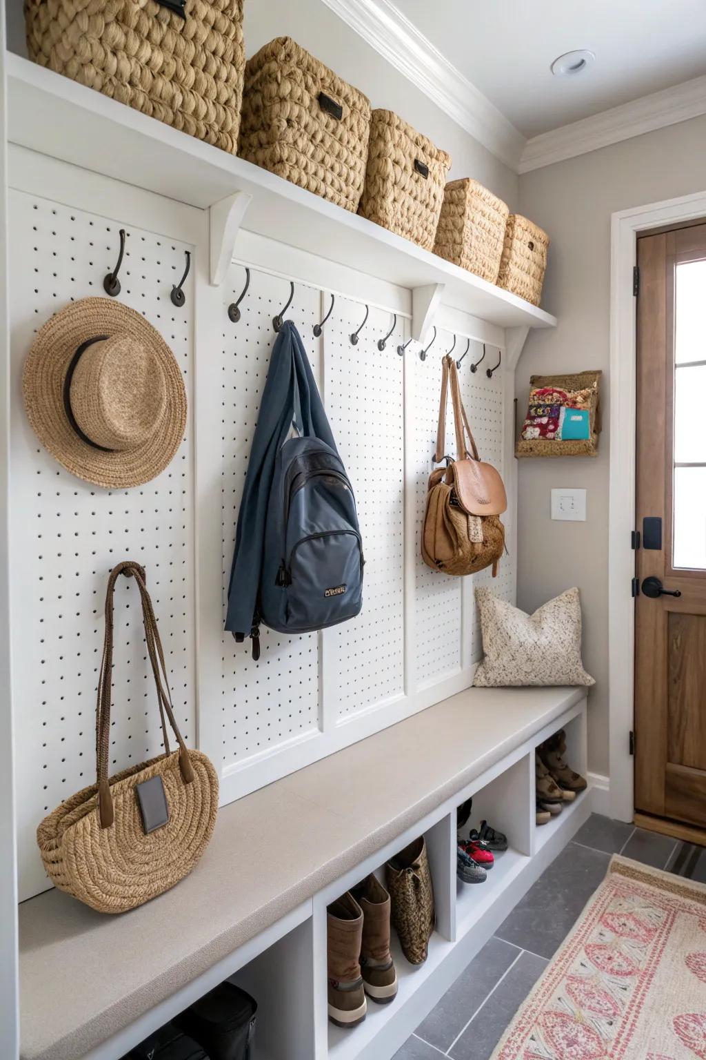 Pegboards offer a customizable and stylish solution for backpack storage.