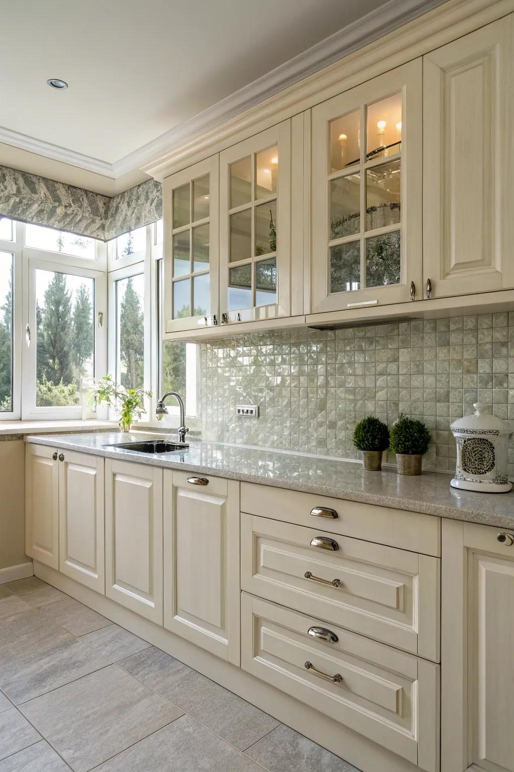 Glass tile backsplash creates a sleek modern look.