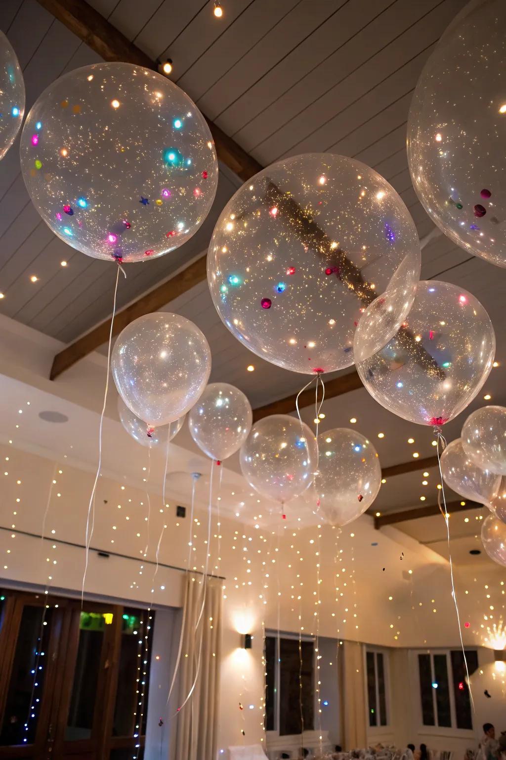 A room with a whimsical floating balloon ceiling.