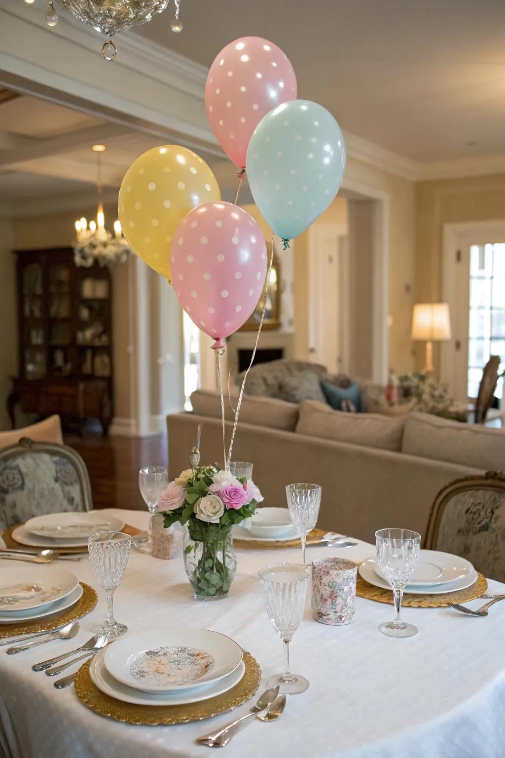 A dining table adorned with elegant floating balloon centerpieces.