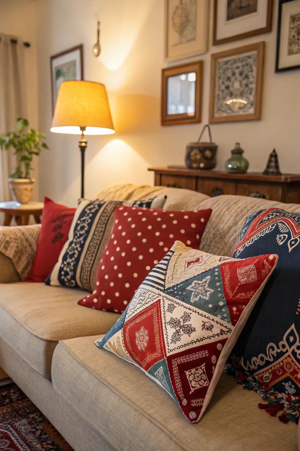 Cushions with bandana covers bring a splash of color and pattern to your sofa.