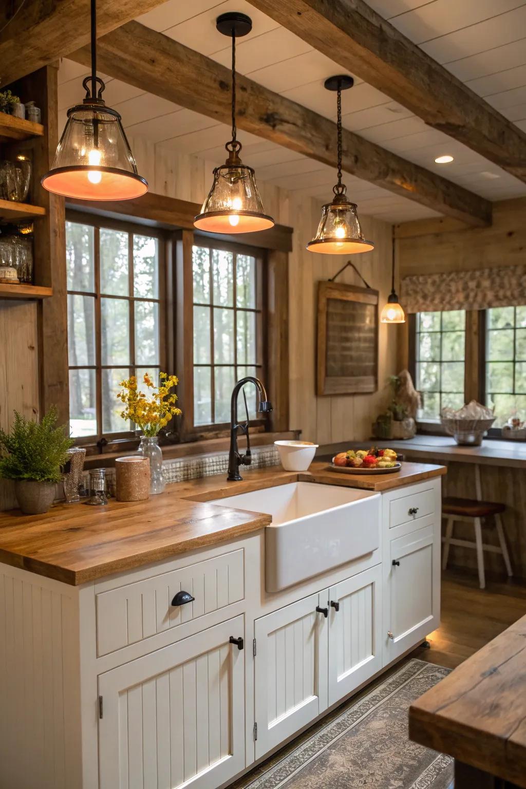 Rustic barn lights bring warmth and style to your kitchen.