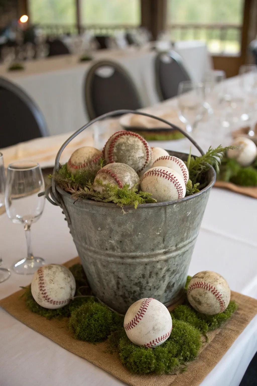 Rustic charm meets baseball enthusiasm in this simple yet effective centerpiece.