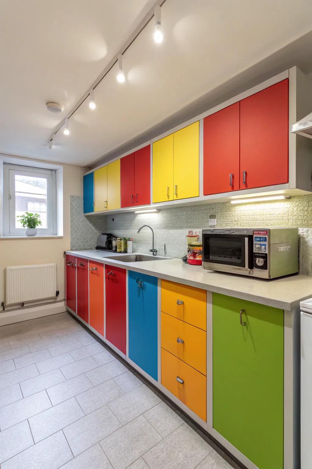 Colorful cabinetry adds a lively touch to any basement kitchen.