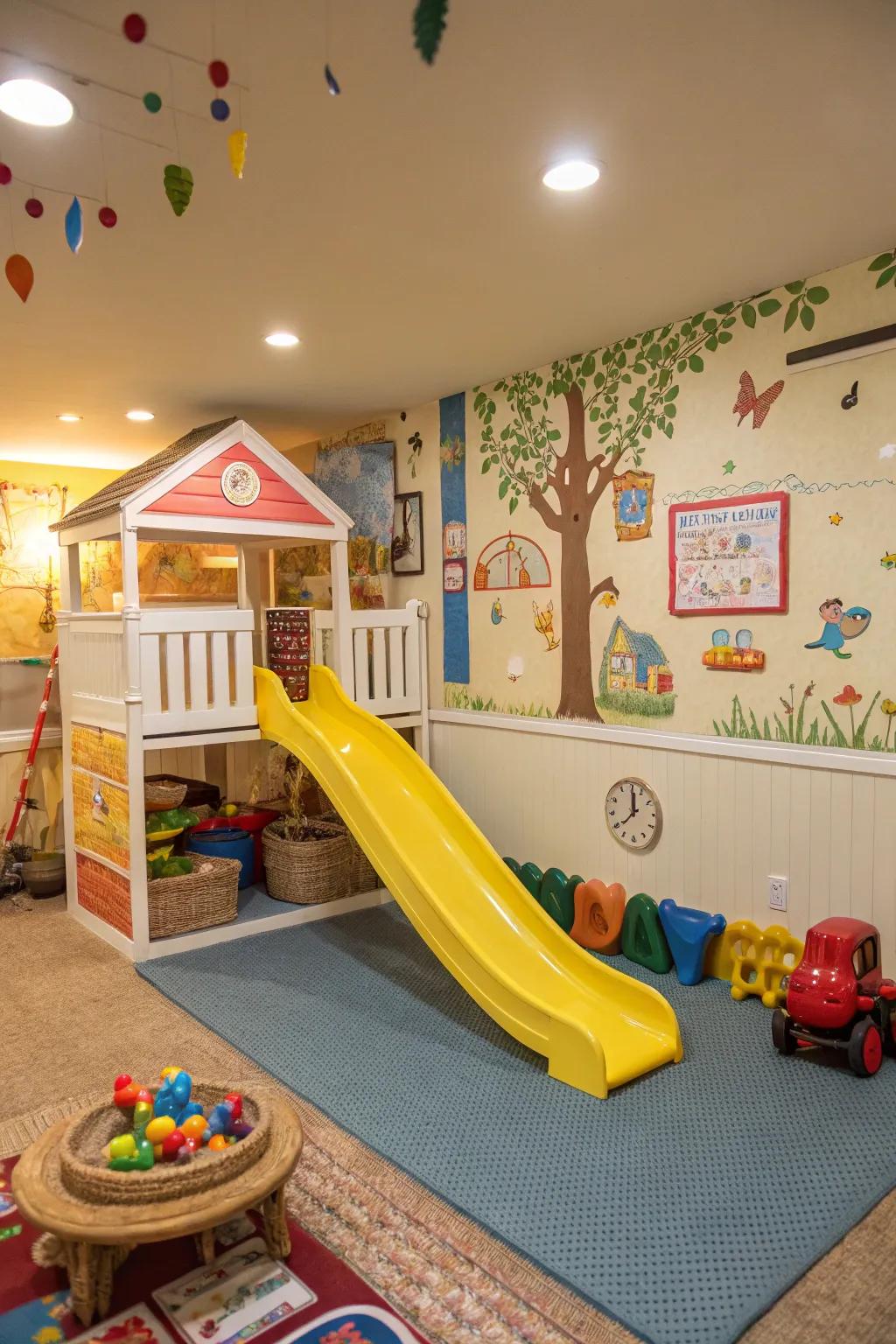 A slide transforms this basement playhouse into an adventure playground.