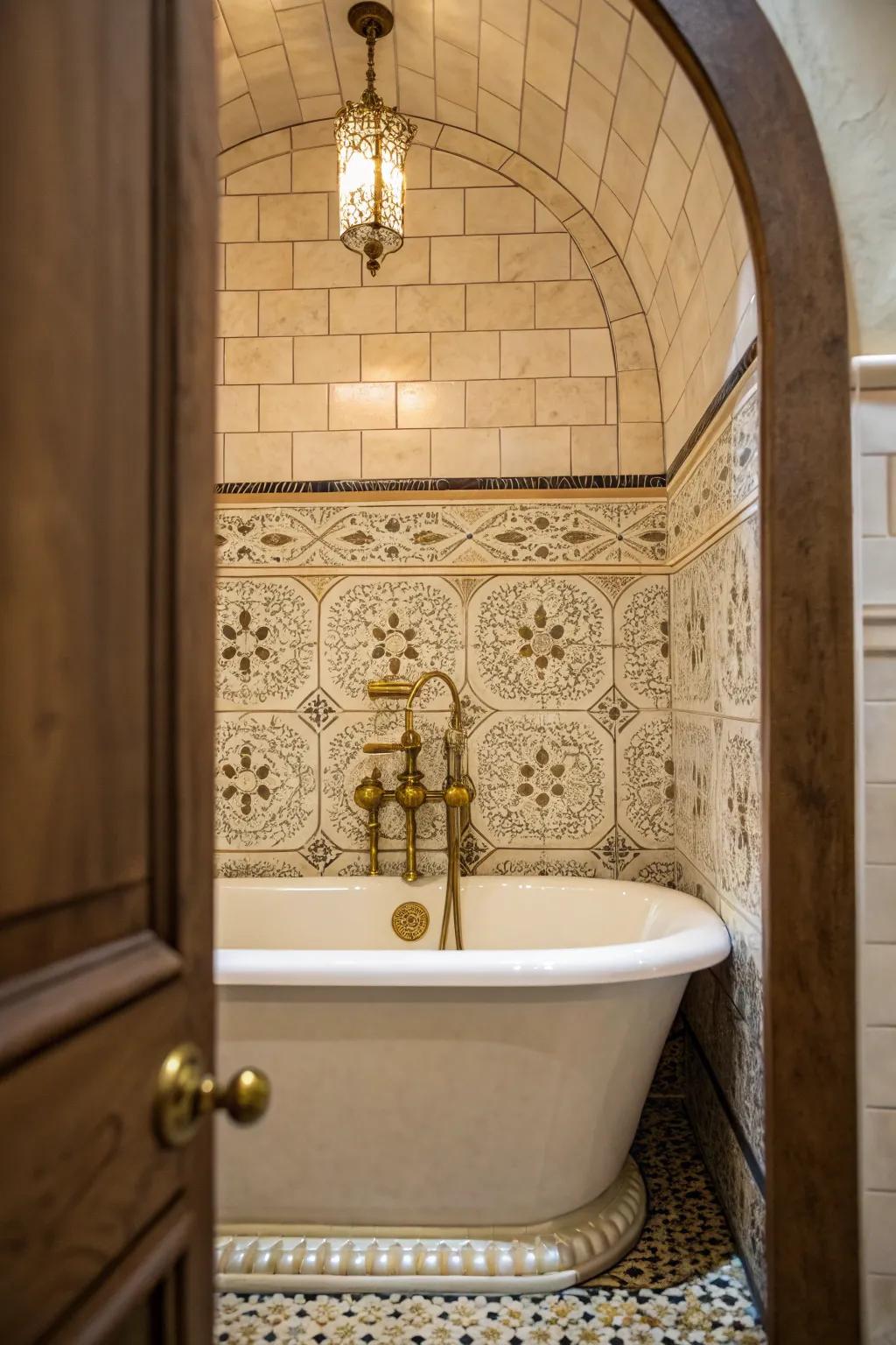 A vintage brass fixture adds a touch of timeless elegance to a bathtub alcove.