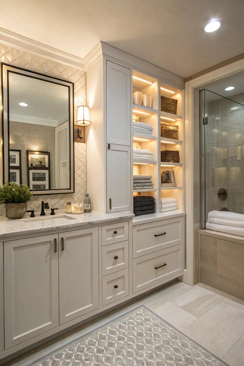 Bulkhead with built-in cabinets for efficient storage.