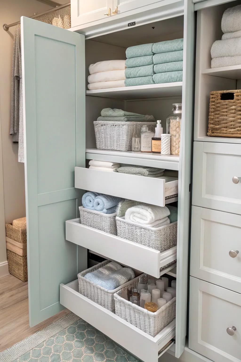 Pull-out drawers offer easy access and organization for your bathroom essentials.