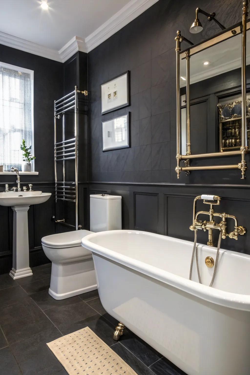 Bold black walls make a striking statement in this modern bathroom.