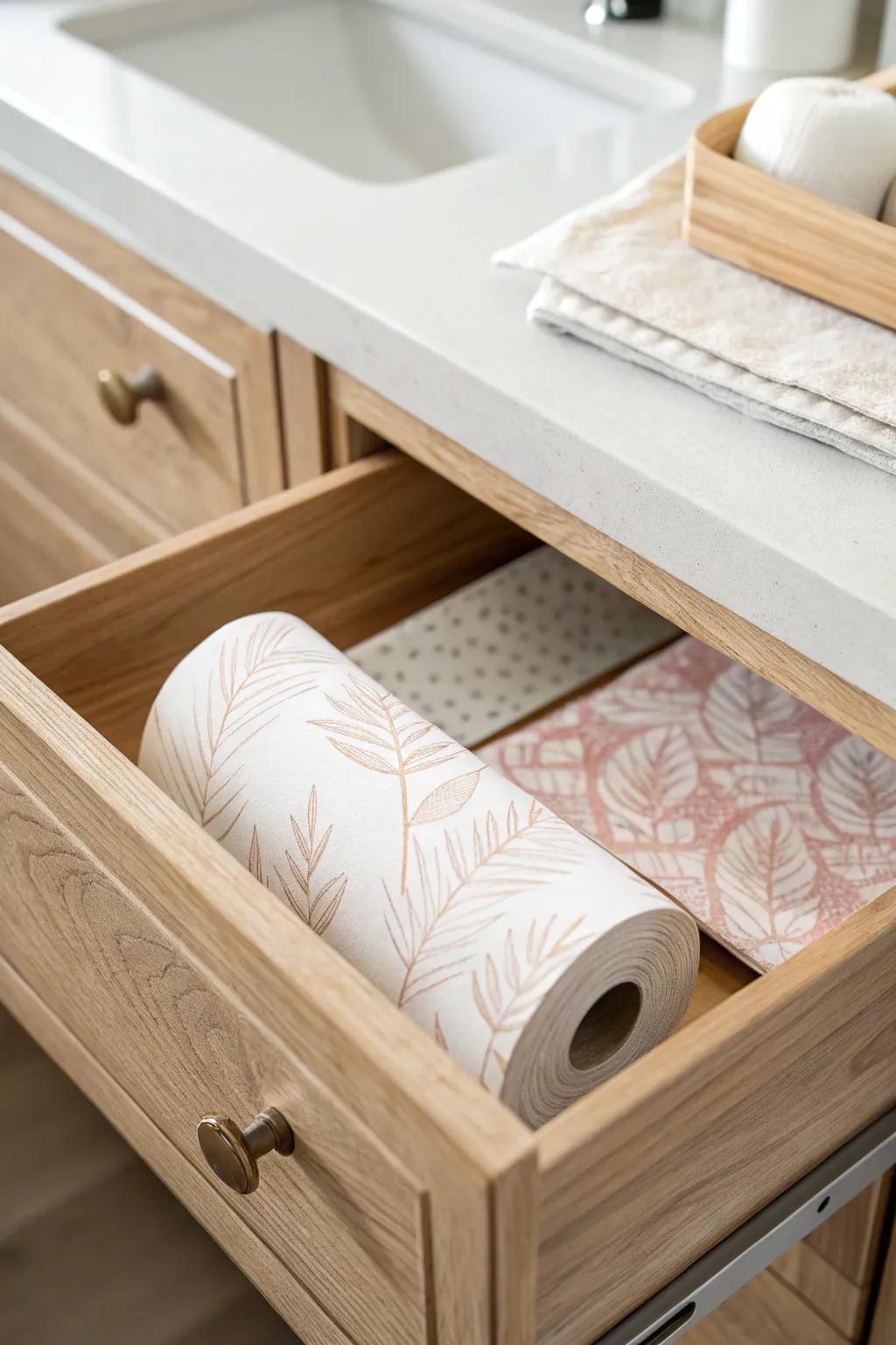 Transform your bathroom drawers effortlessly with peel and stick wallpaper for a touch of minimalist elegance.