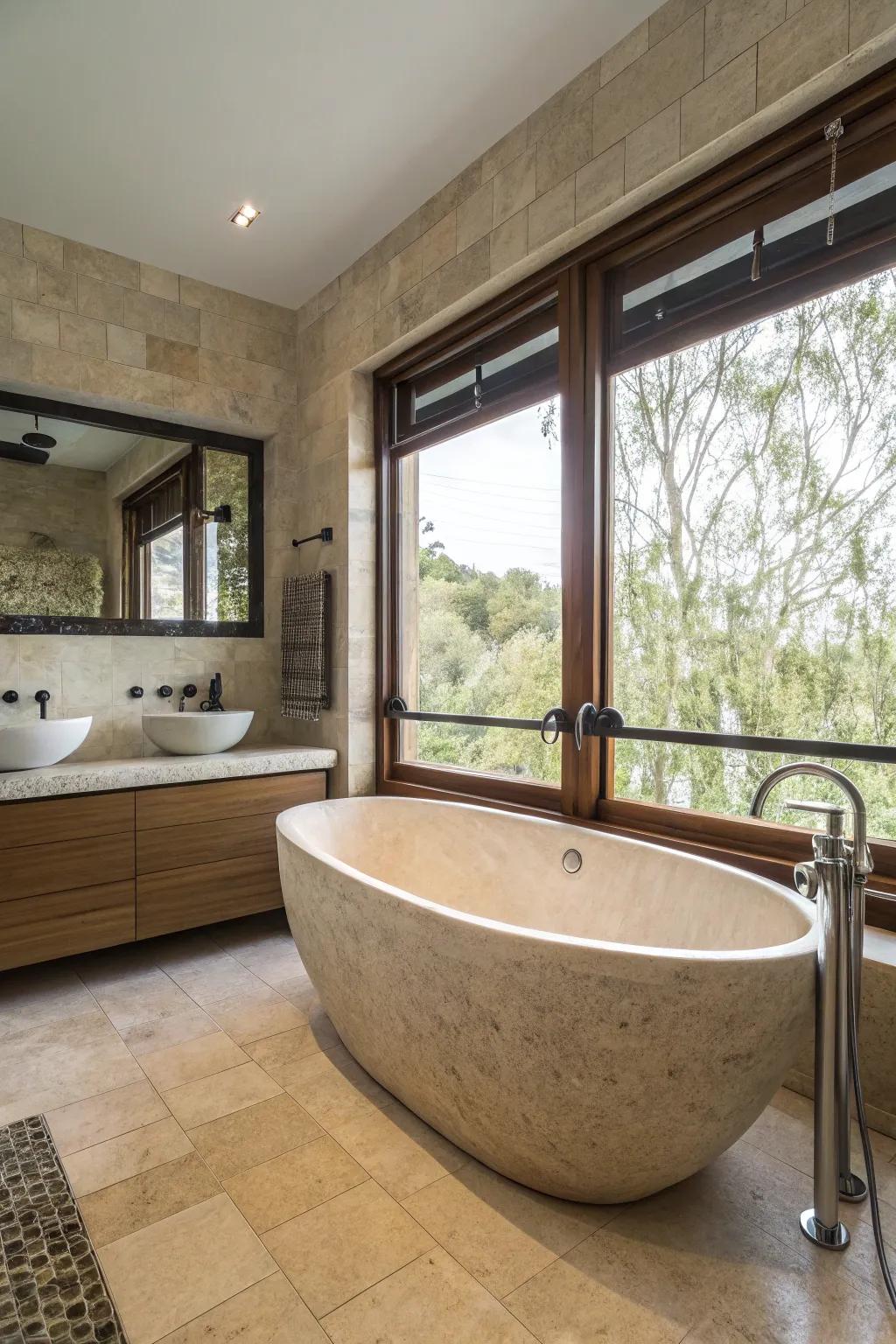 A sculptural stone bathtub serving as the centerpiece in a luxurious bathroom.